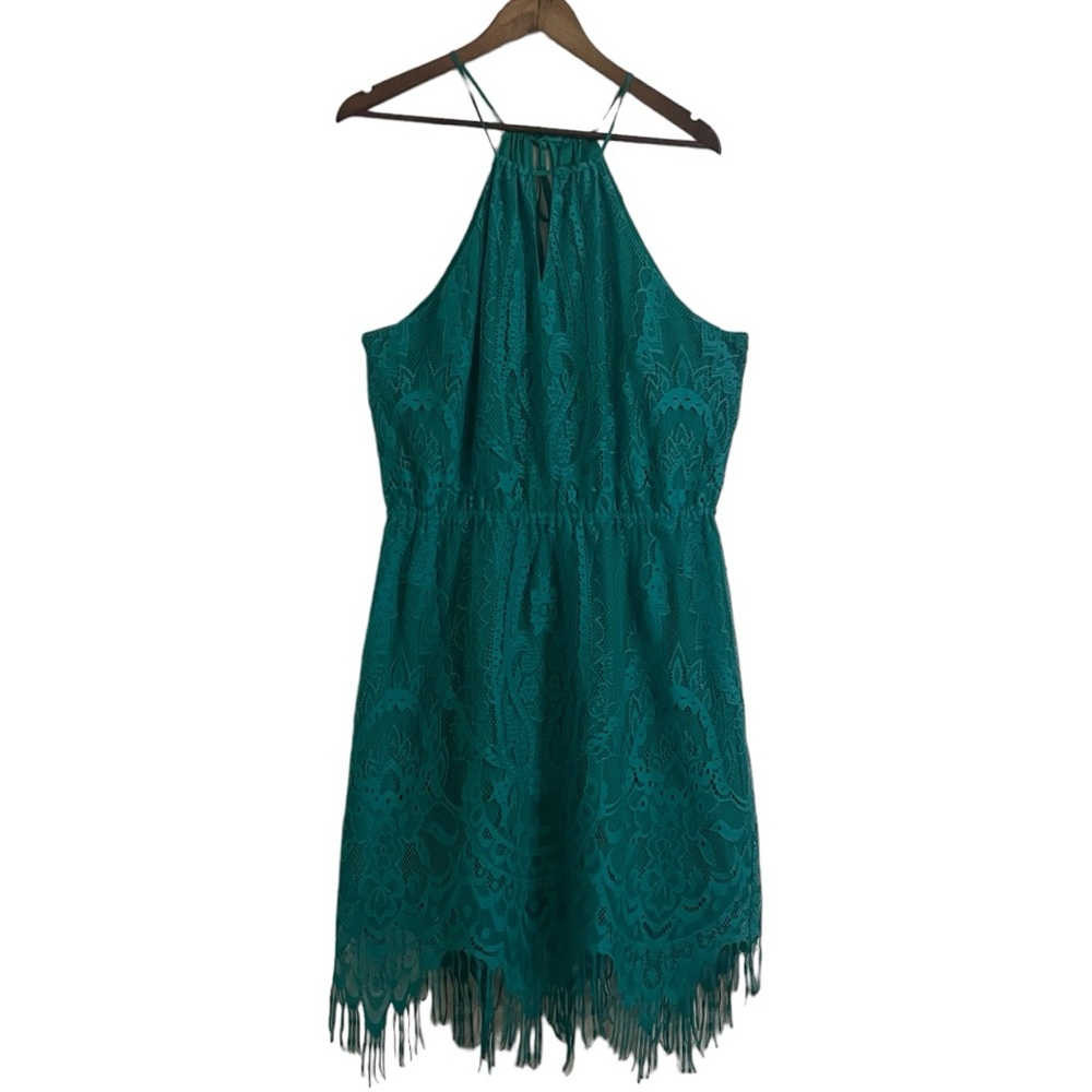 Gianni Bini Teal Green Lace Sleeveless Dress with Fringe Hem Women's Size Large